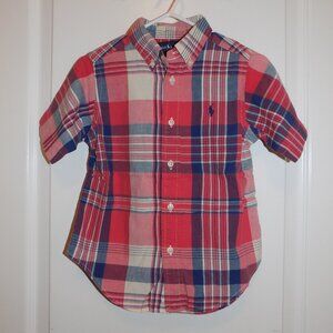 POLO Ralph Lauren Boys 3T Red Blue Cream Plaid S/S Buttondown Shirt Madras